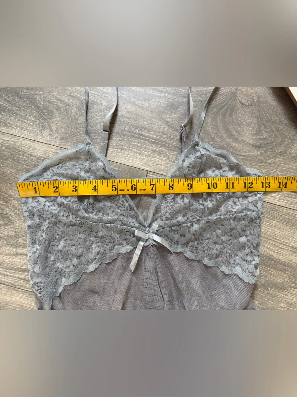 Sheer Delicate Lace Open Front Waterfall Chemise Slip Top in Gray. Size M